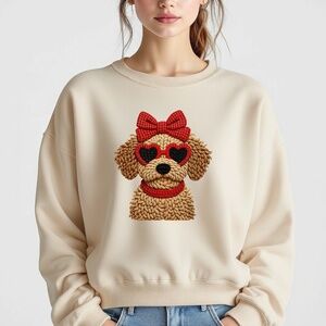 Puppy sweatshirt Faux Crochet White New S M L XL Cute doodle dog lovers puppies